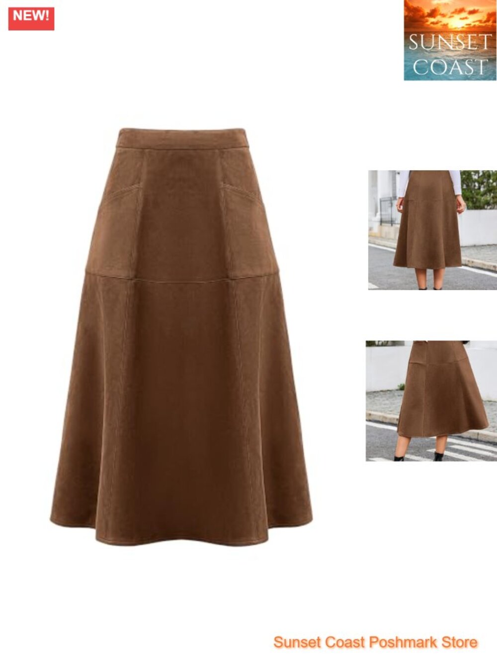 Faux Suede High Waist A-Line Midi Skirt with 2 Pockets